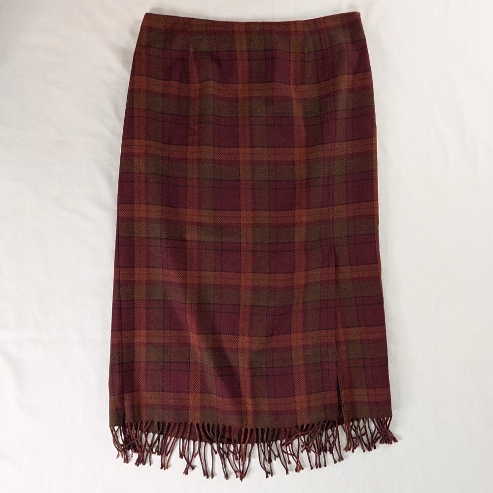 VTG Maroon Orange Plaid Wool Fringe Trim Midi Skirt Lined Front Slit